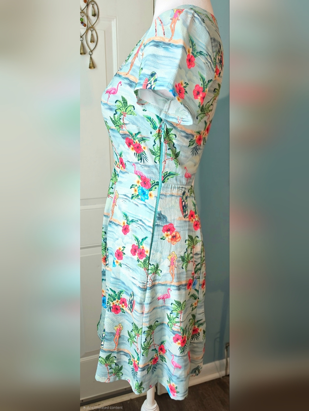 Show Me Your MuMu X Barbie Ibza Fit & Flare Mini Dress Womens S Light Blue Tropi - Picture 3 of 12